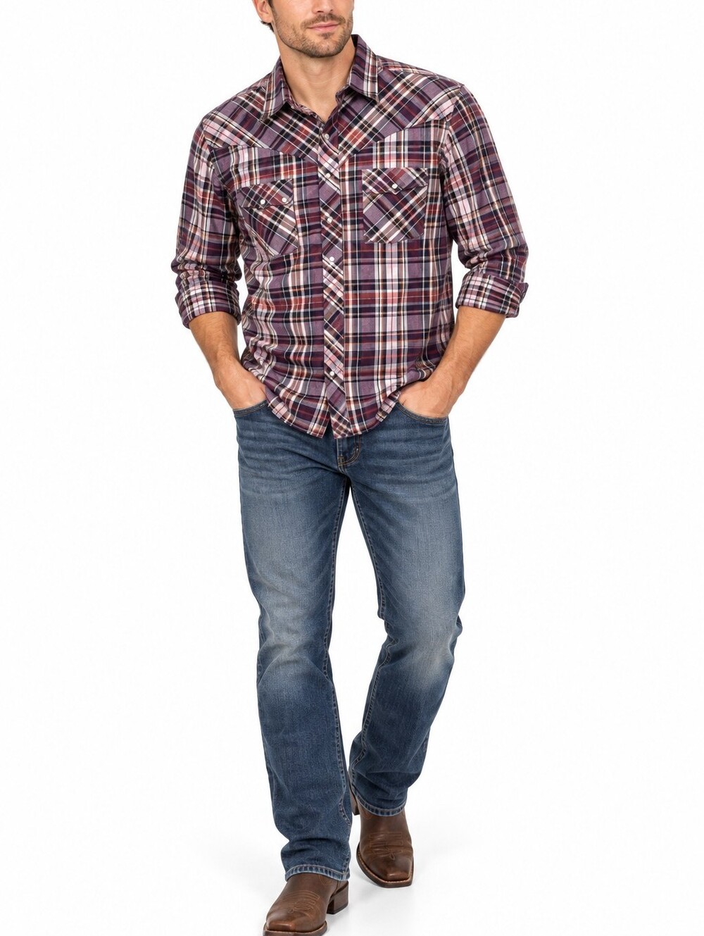 Wrangler Western Shirt Mens Pearl Snap Long Sleeve Size Medium Plaid Purple